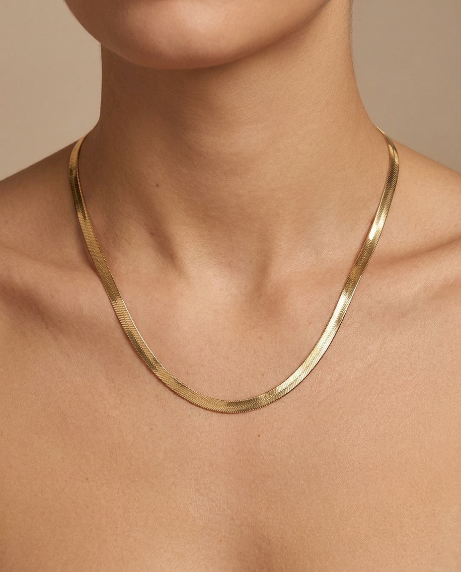Herringbone Chain Necklace in Yellow Gold on model