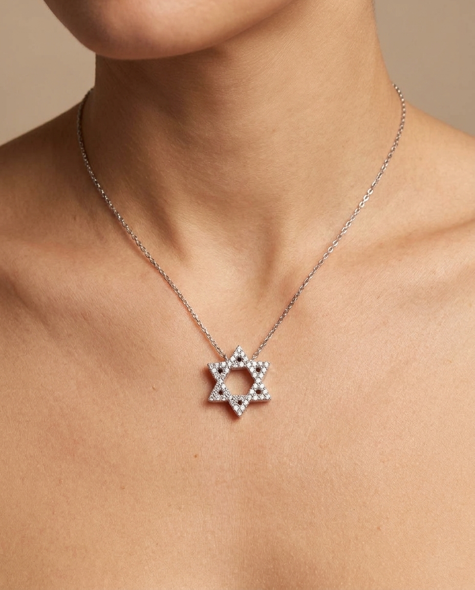 Diamond Star of David Necklace in White Gold on model