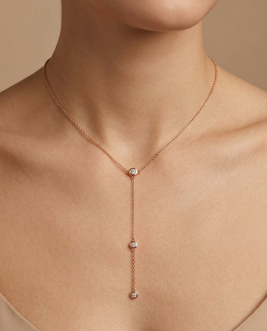 .47ctw Diamond Lariat Necklace with Drop in Yellow Gold on model