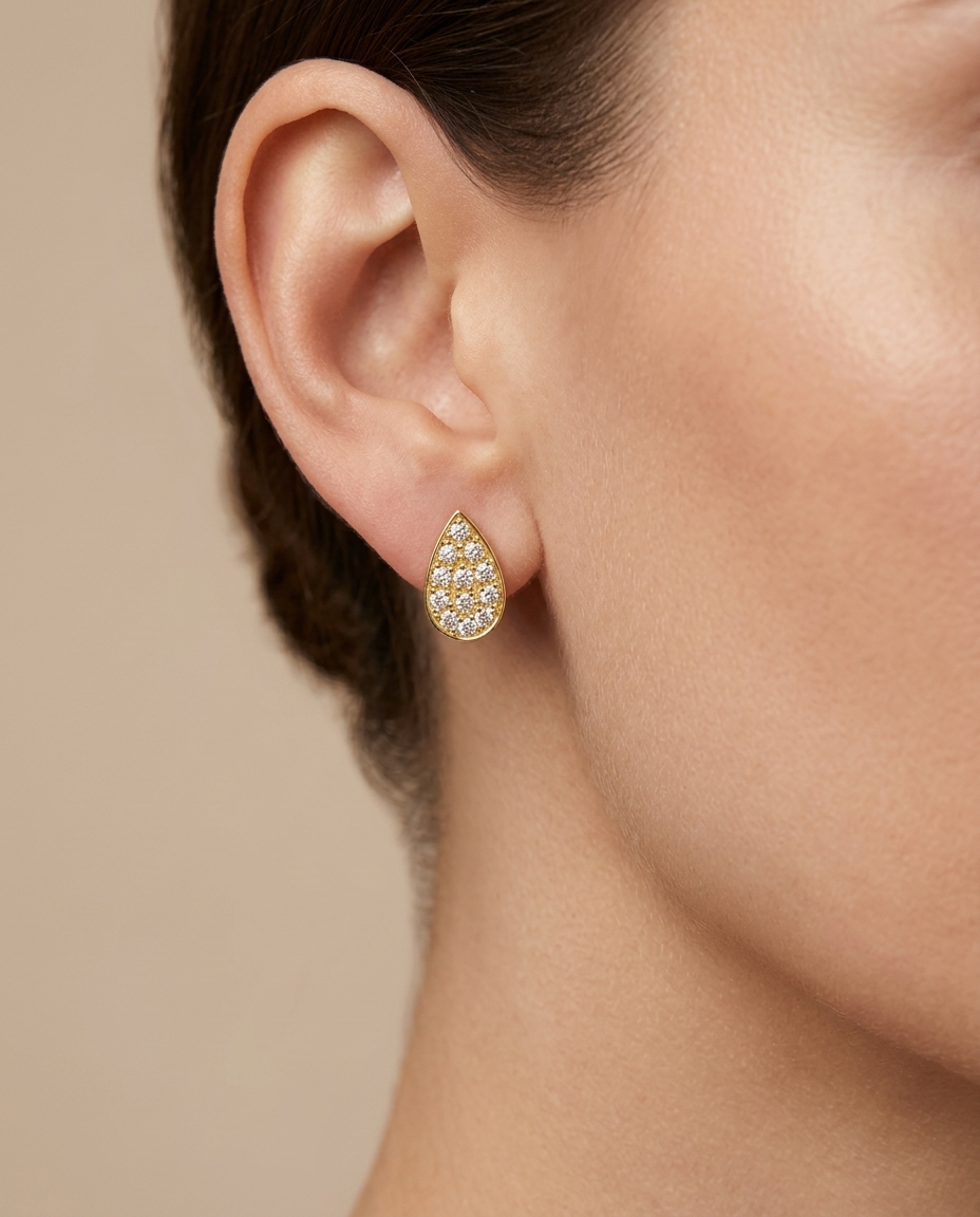 Diamond Pear Shape Ear Studs on model