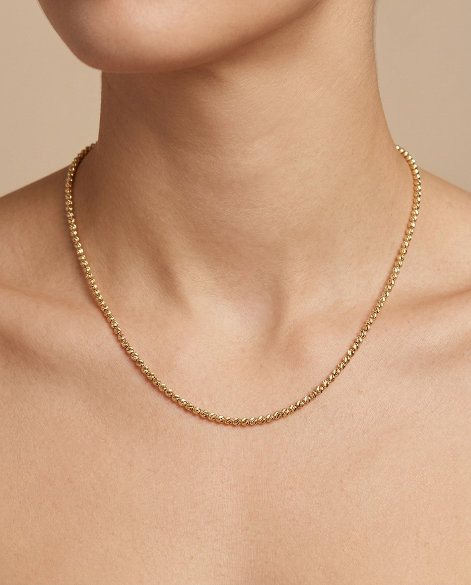 14KT Yellow Gold Diamond Cut Beads Necklace on model