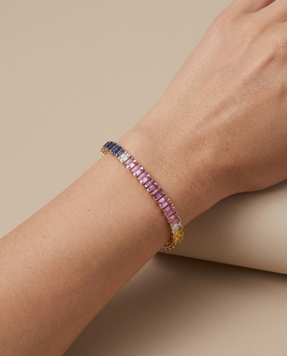 18KT Rose Gold Multi Sapphire and Diamonds Bracelet on model