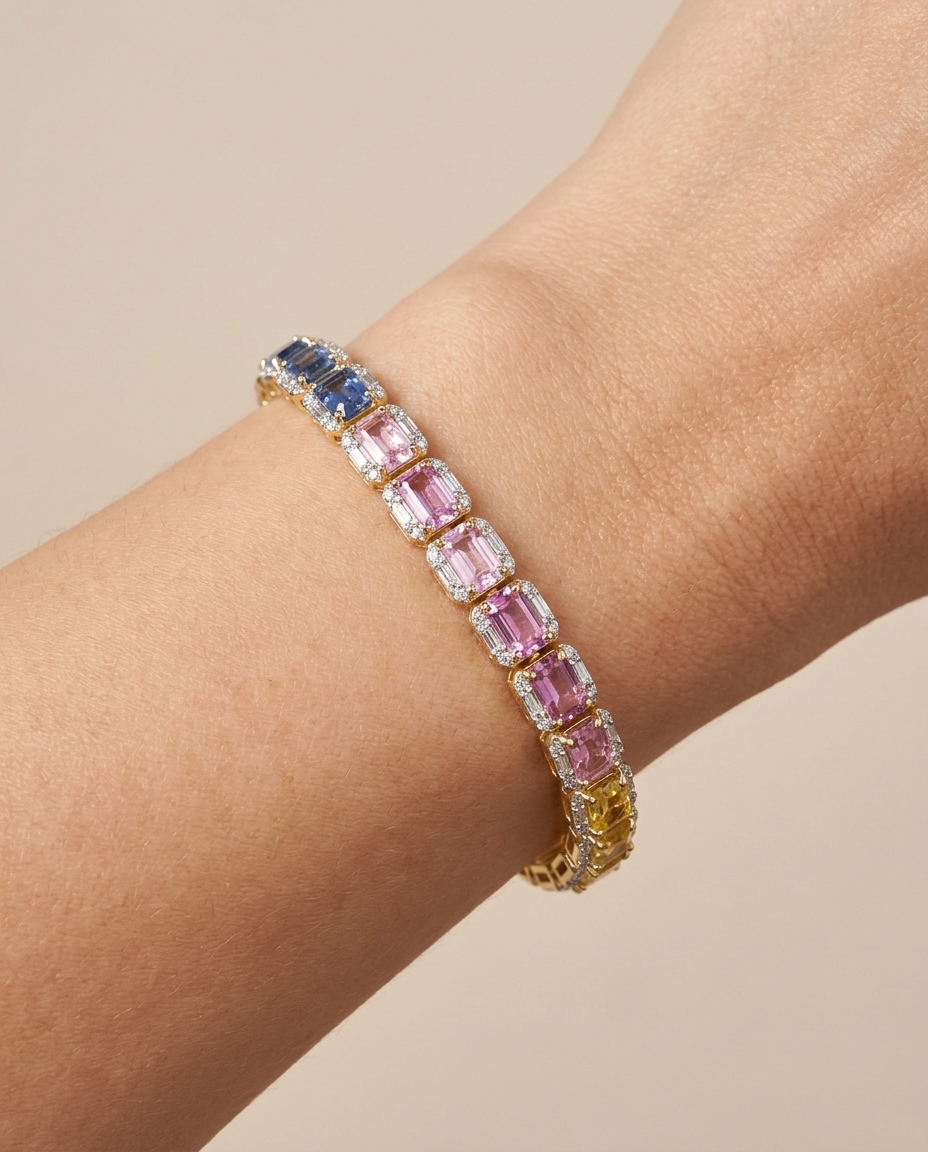 14KT Yellow Gold Multi Sapphire and Diamonds Bracelet on model