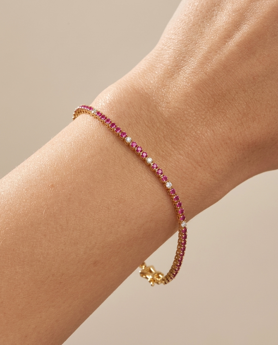 14KT Gold Diamond and Ruby Bracelet on model