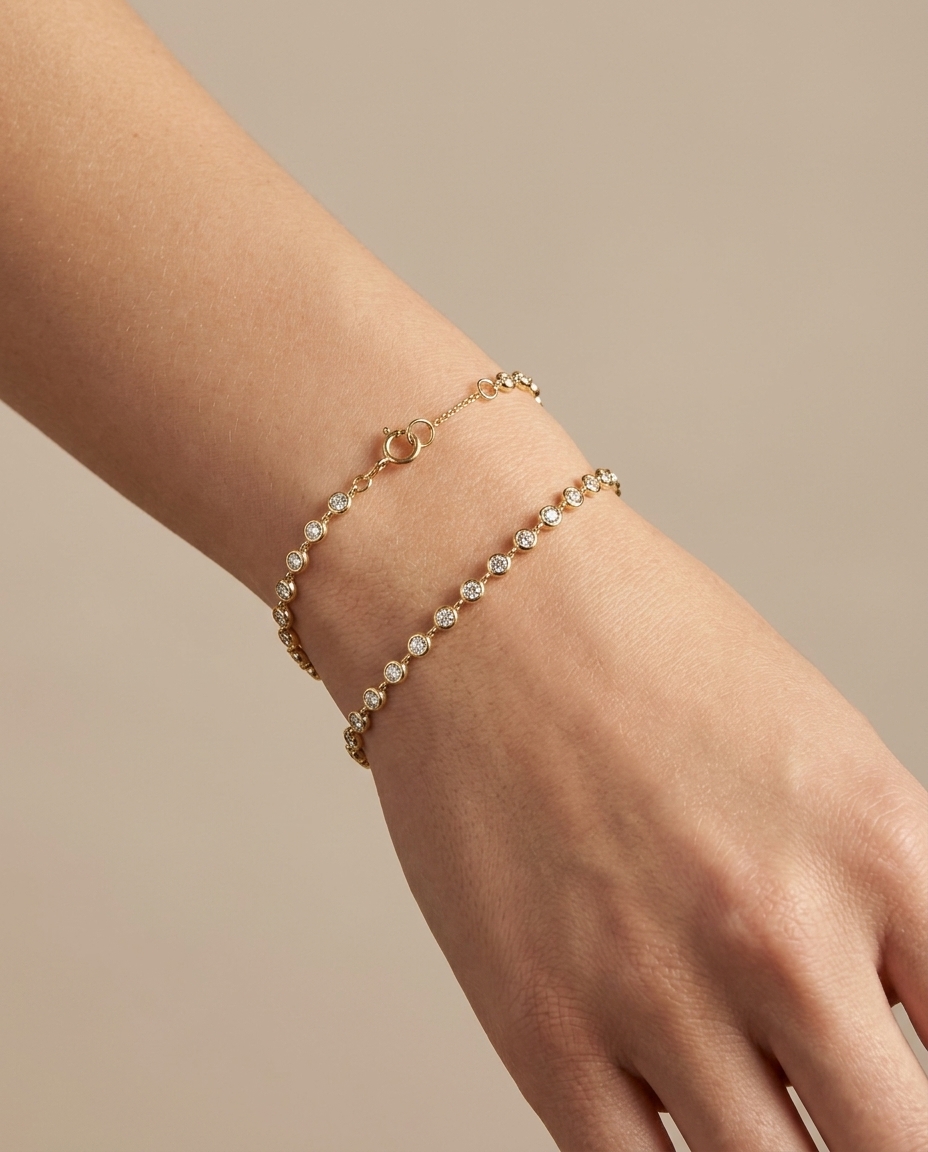 14KT Gold Bezeled Diamond Station Bracelet on model