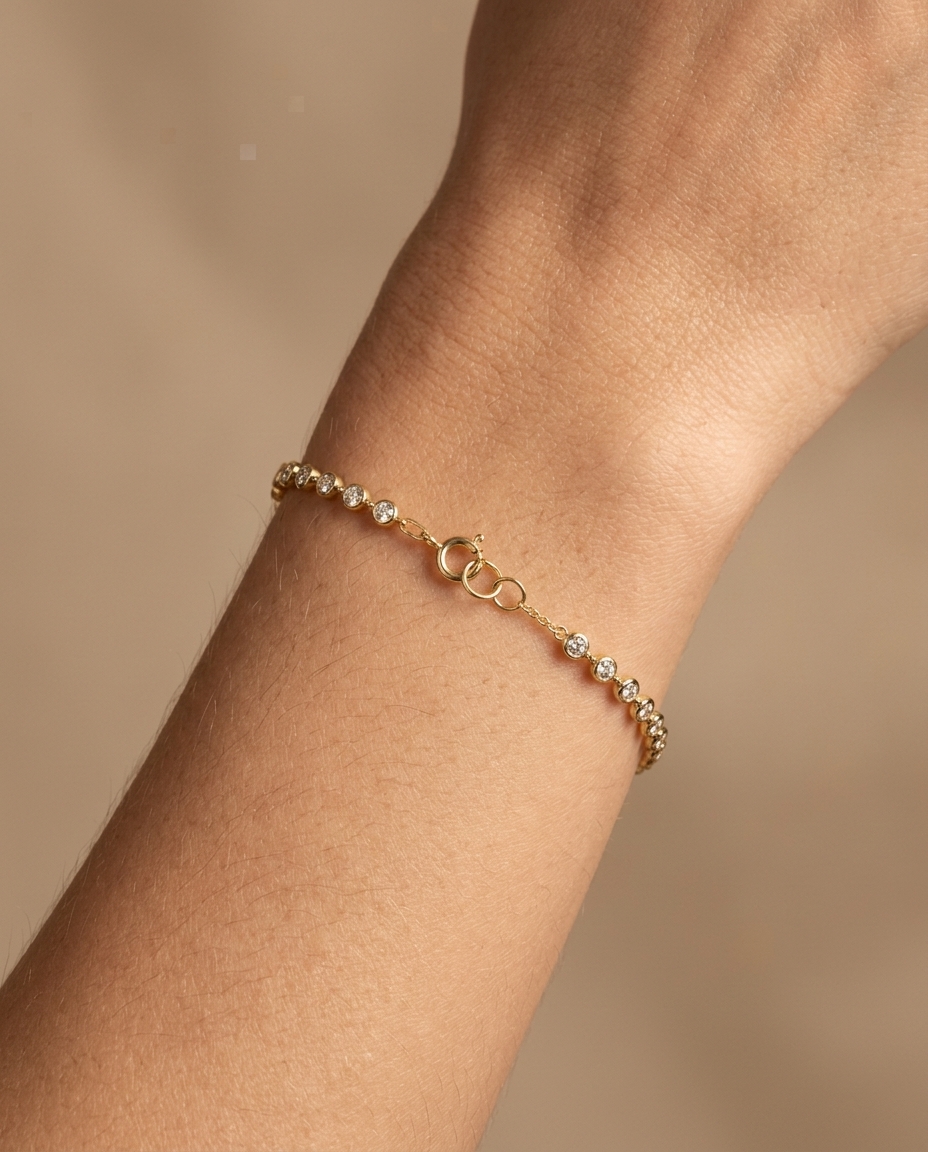 14KT Gold Bezeled Diamond Station Bracelet on model