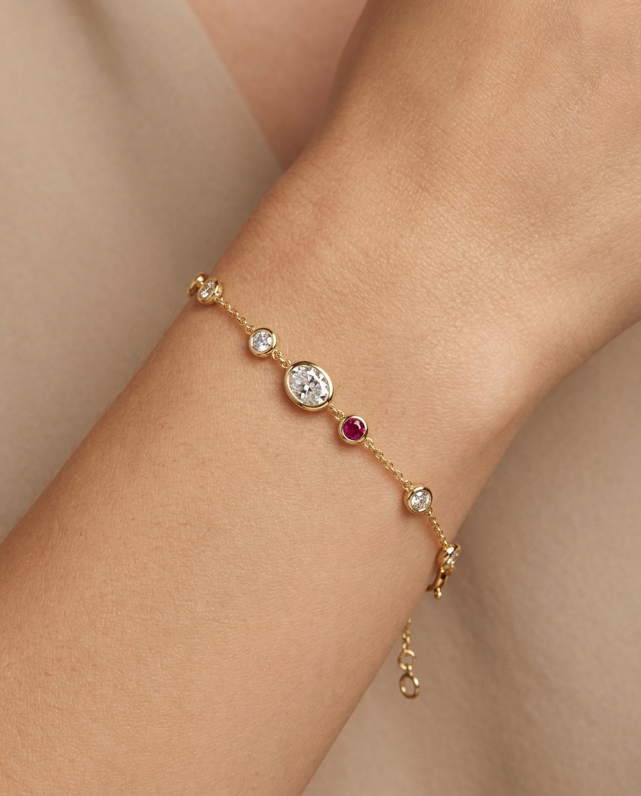 14KT Gold Bezeled Diamond Station Bracelet on model
