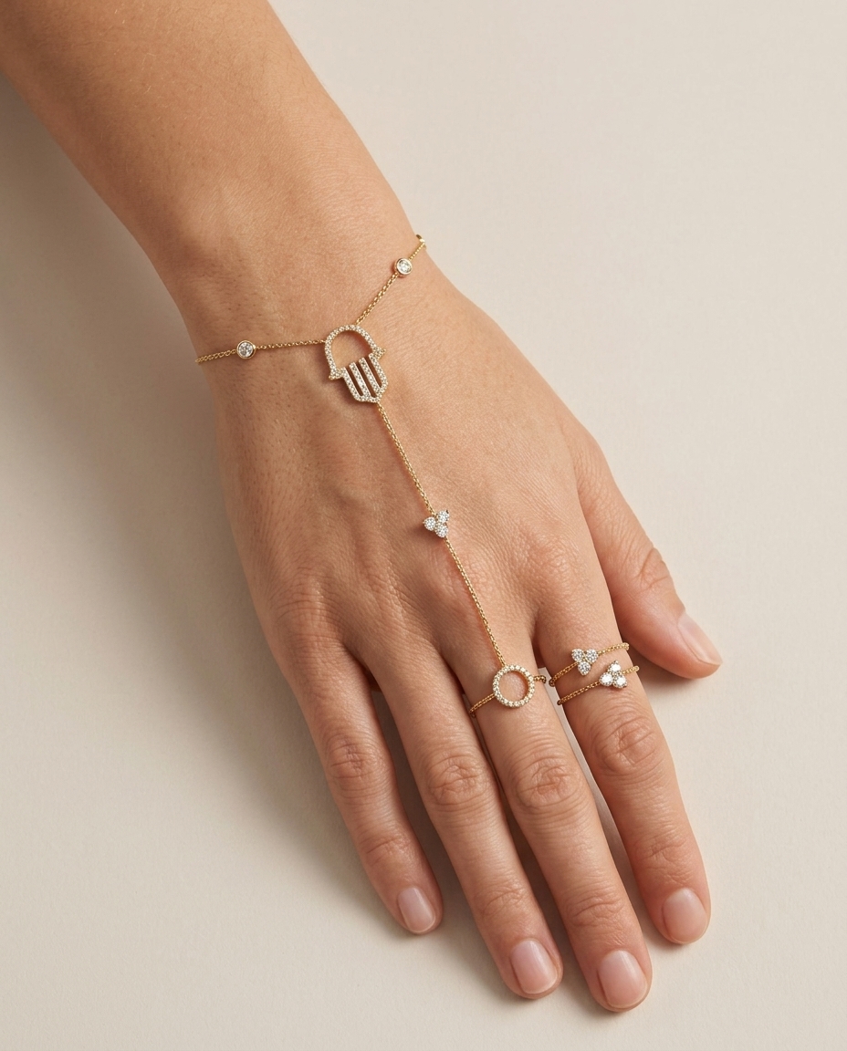 14KT Yellow Gold Diamonds Hand Chain on model