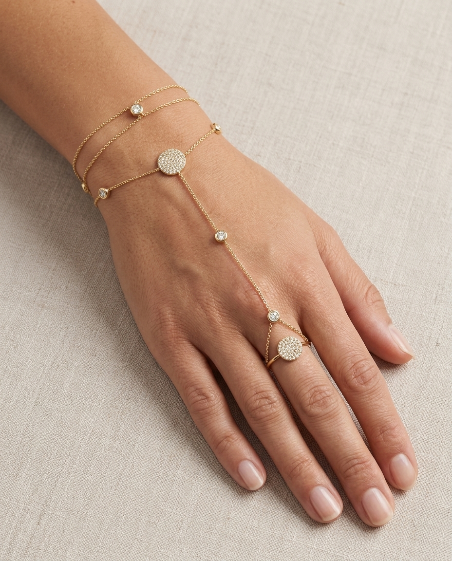 14KT Yellow Gold Diamonds Hand Chain on model