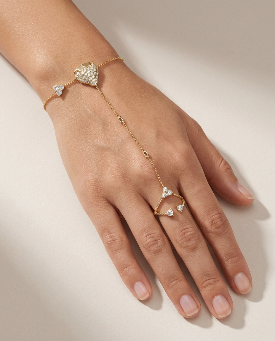 14KT Yellow Gold Diamonds Hand Chain on model