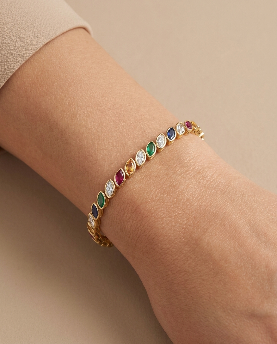 14KT Yellow Gold Marquise Shape Diamond Bracelet on model