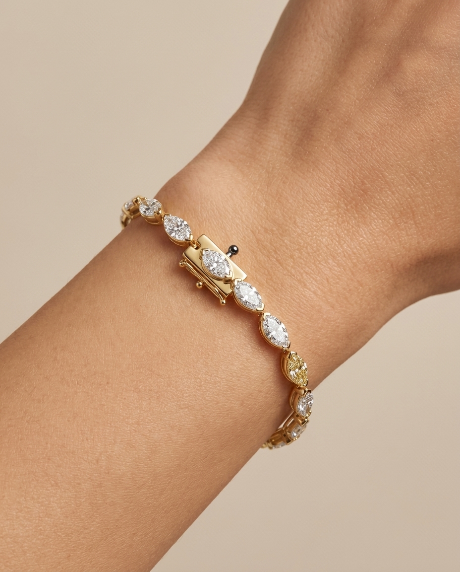 14KT Yellow Gold Marquise Shape Diamond Bracelet on model