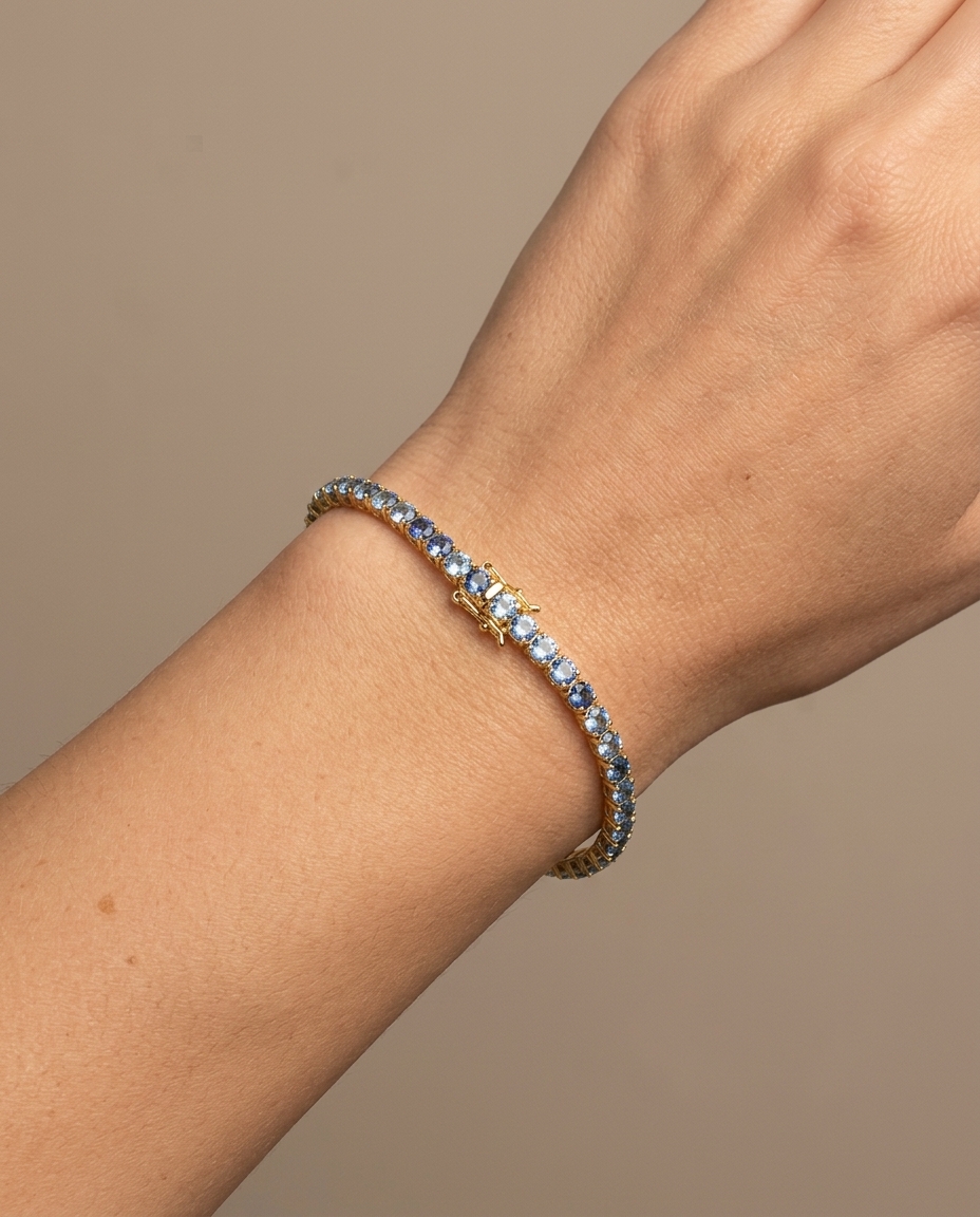14KT Yellow Gold Aquamarine Tennis Bracelet on model