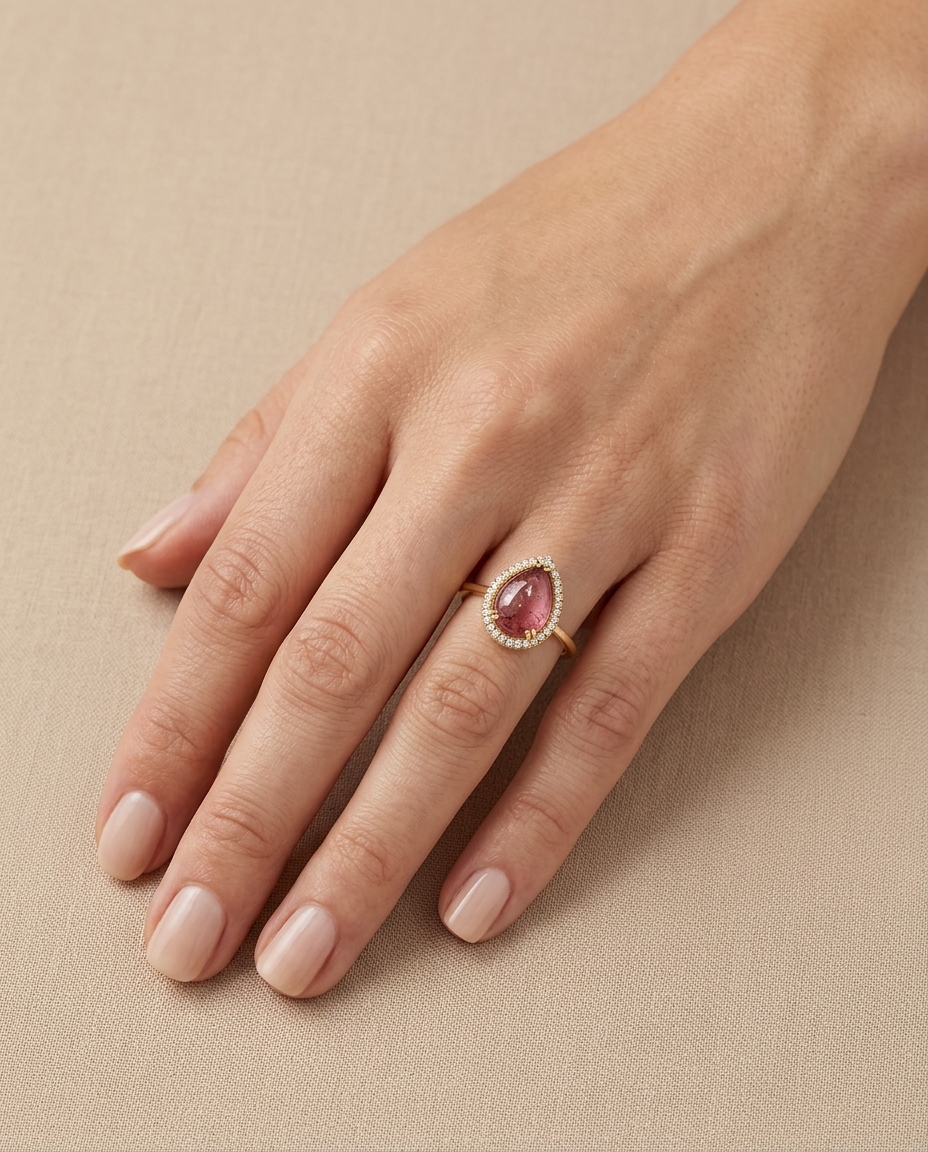14KT Yellow Gold Tourmaline and Diamonds Ring on model