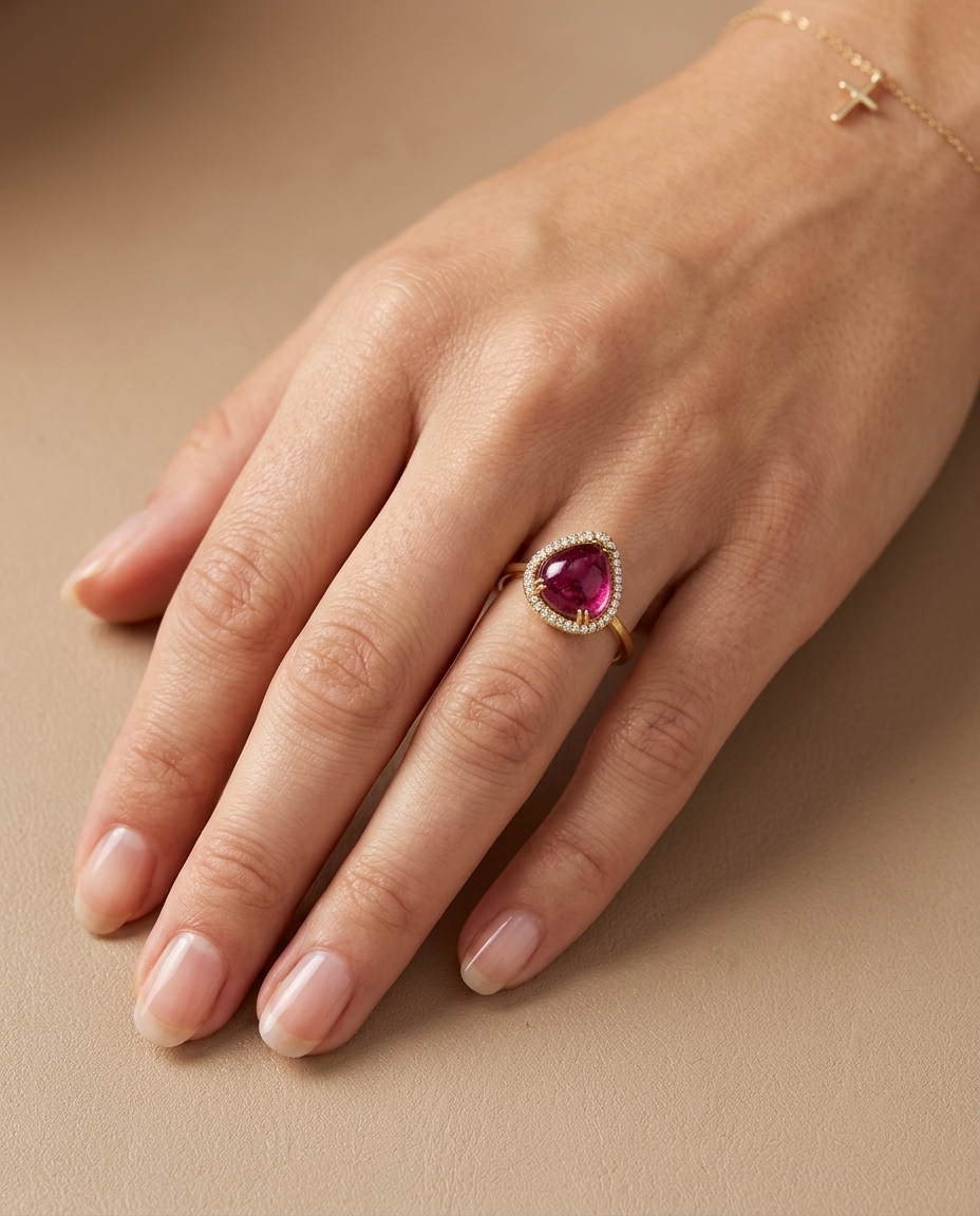 14KT Yellow Gold Tourmaline and Diamonds Ring on model