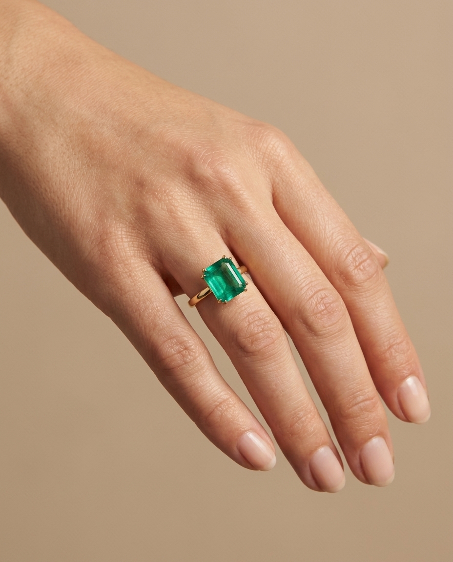 14KT Yellow Gold Emerald Ring on model