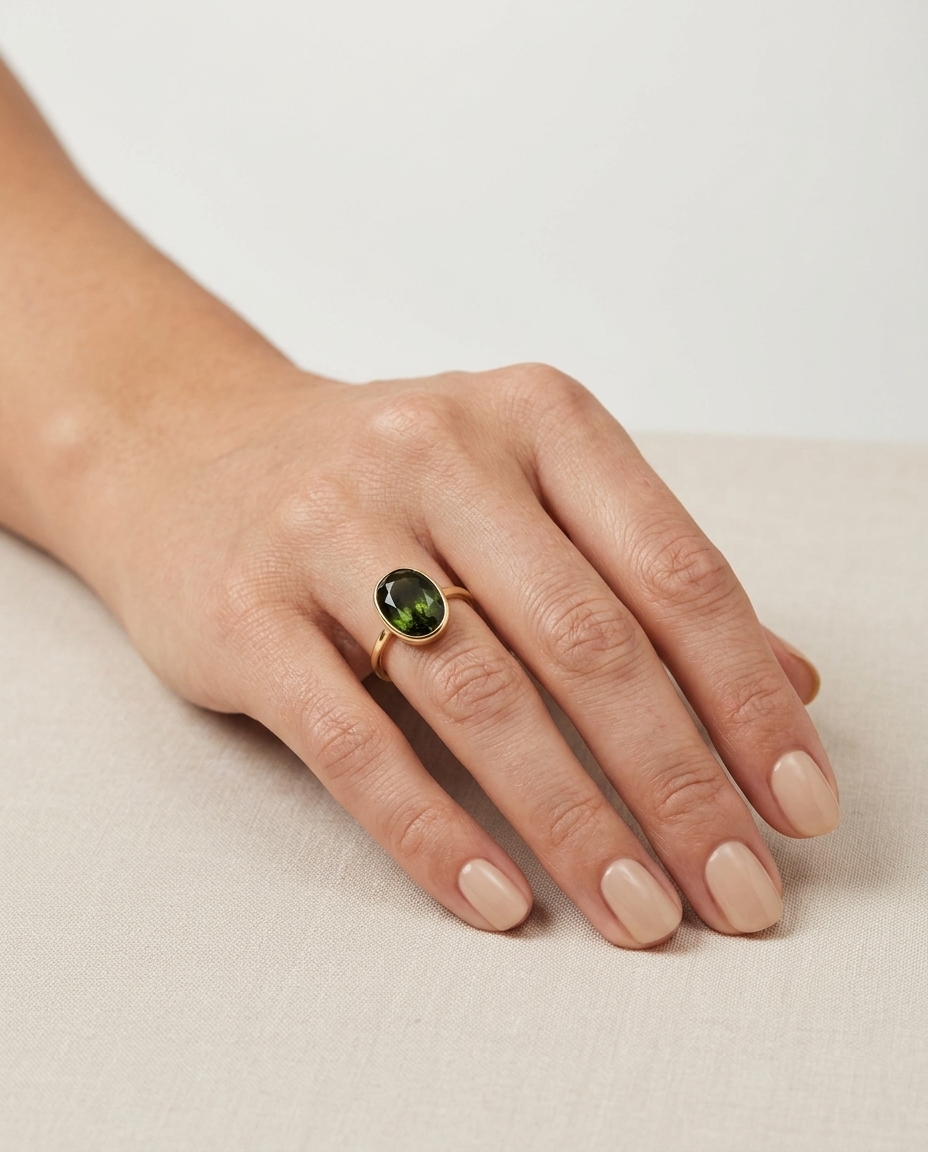 14KT Yellow Gold Green Sapphire Ring on model