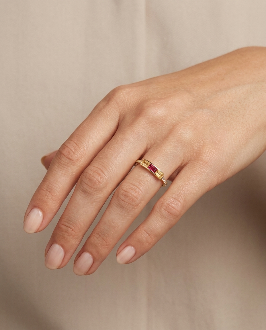 14KT Yellow Gold Multi Sapphire and Diamonds Ring on model