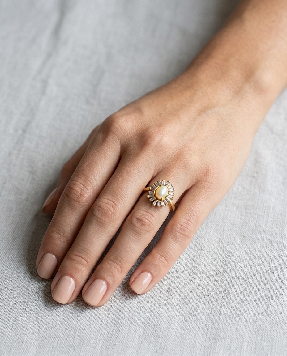 18KT Yellow Gold Opal and Diamonds Ring on model