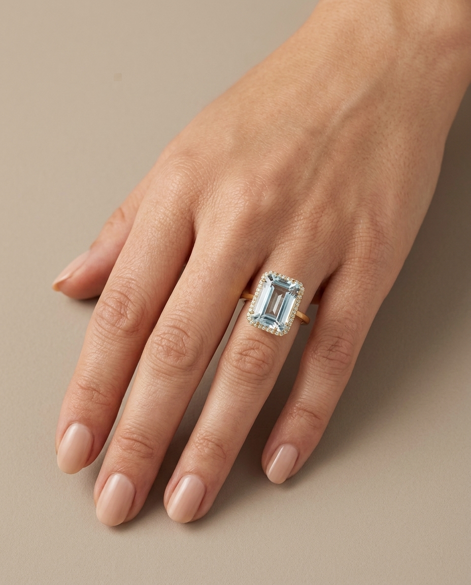 18KT Yellow Gold Aquamarine and Diamonds Ring on model