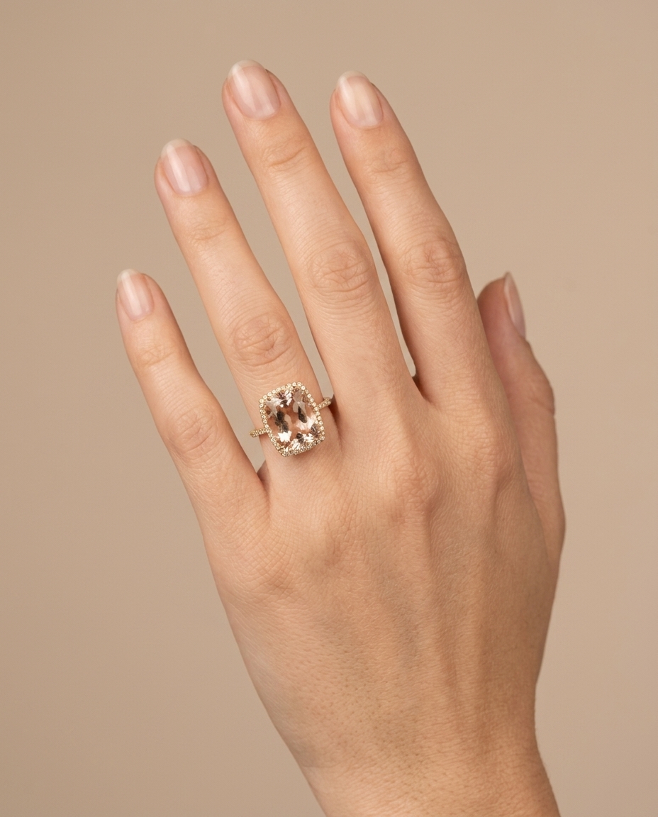18KT Yellow Gold Morganite and Diamonds Ring on model