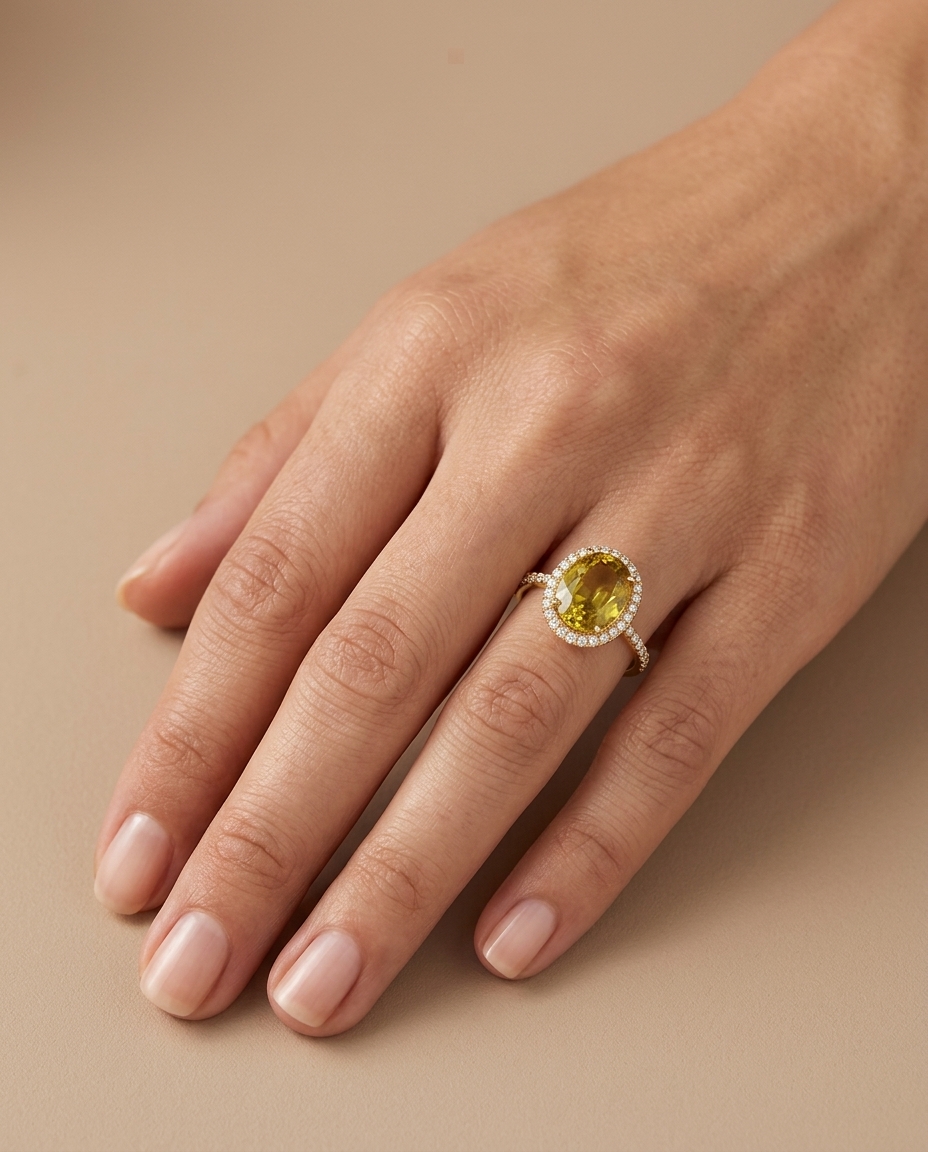 14KT Yellow Gold Yellow Sapphire and Diamonds Ring on model