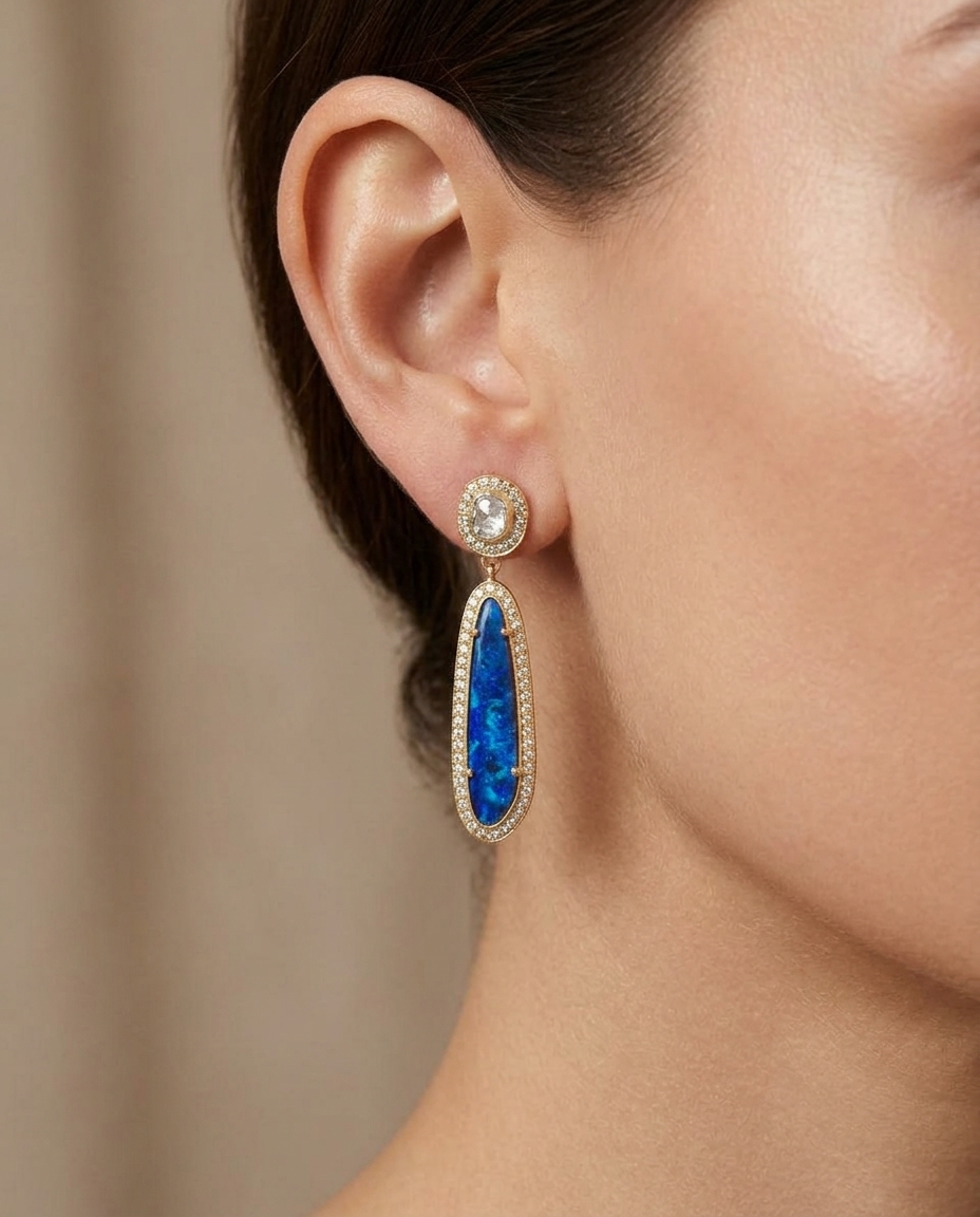 14KT Yellow Gold Opal and Diamonds Earring on model