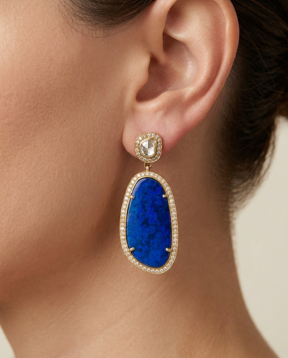 14KT Yellow Gold Opal and Diamonds Earring view 2
