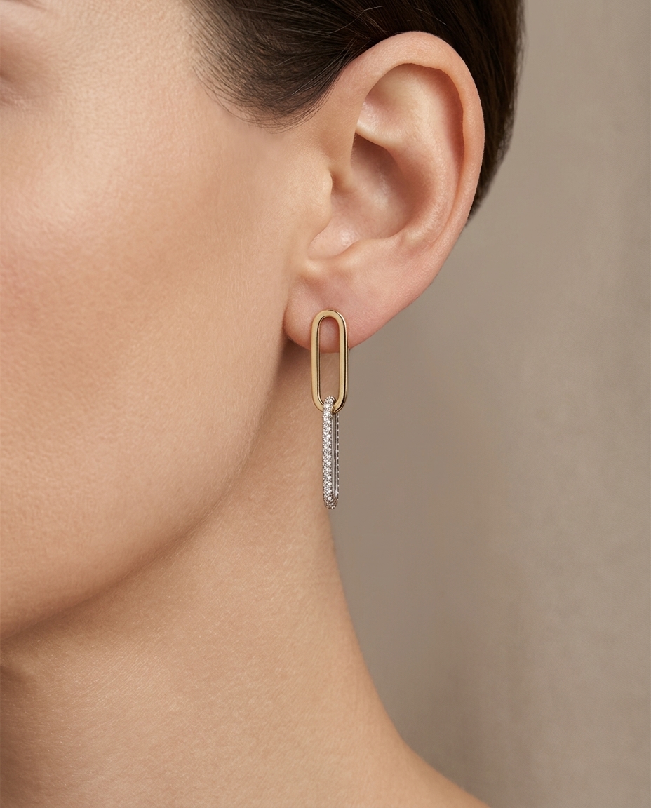 14KT 2 Tone Paperclip Diamond Earring on model
