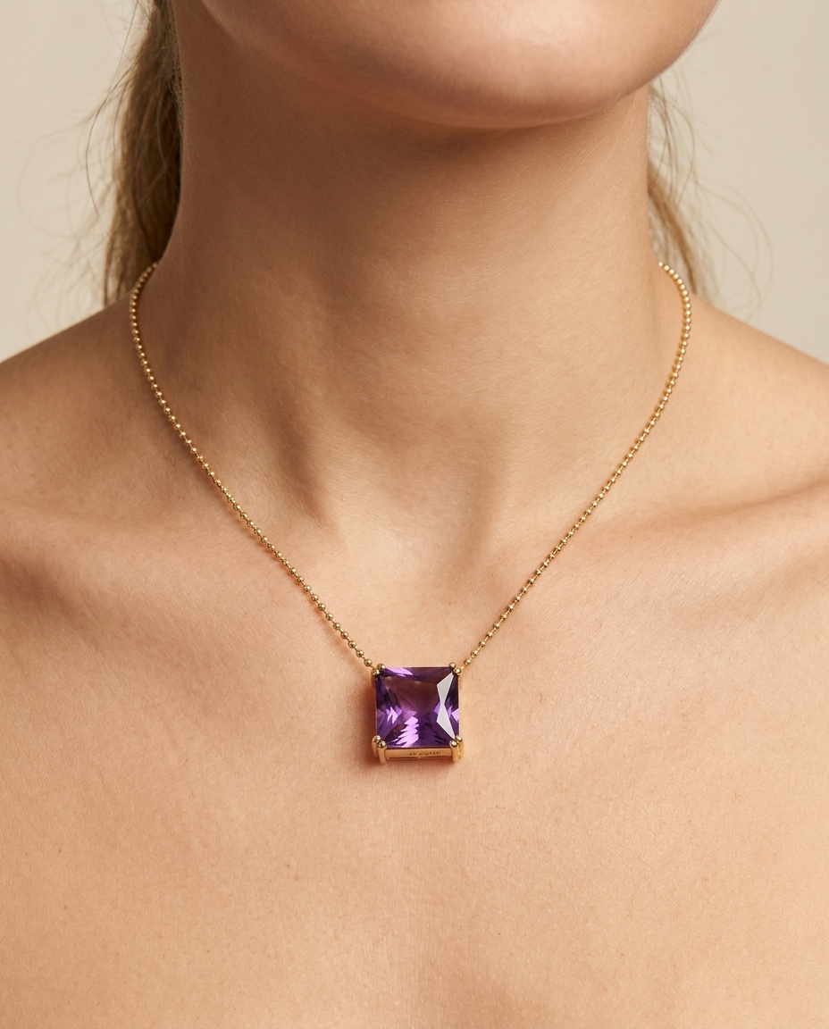 14KT Yellow Gold Amethyst Necklace on model