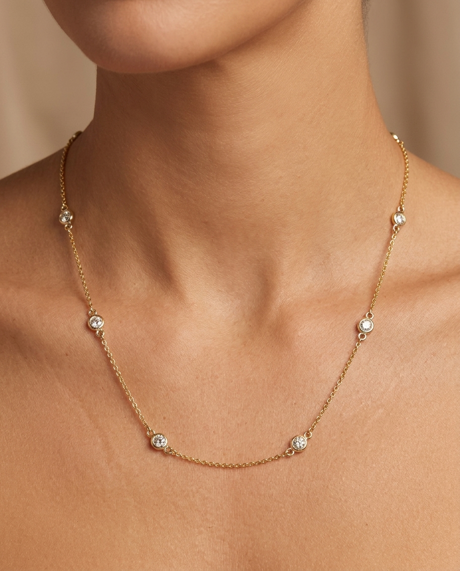 14KT Gold Diamond Station Necklace on model