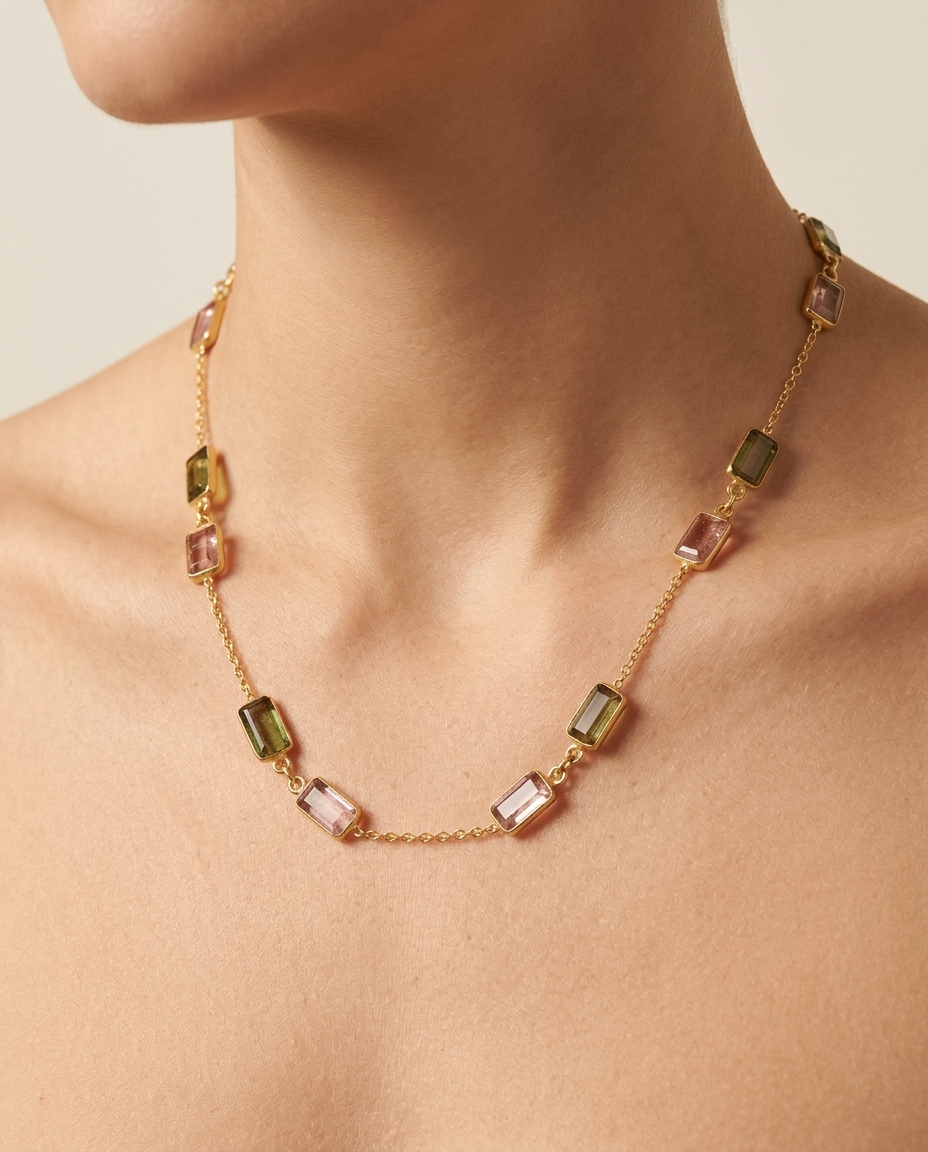 18KT Yellow Gold Tourmaline Station Necklace on model