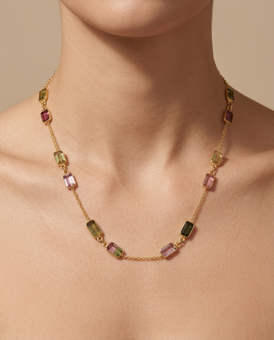 18KT Yellow Gold Tourmaline Station Necklace 11CT on model