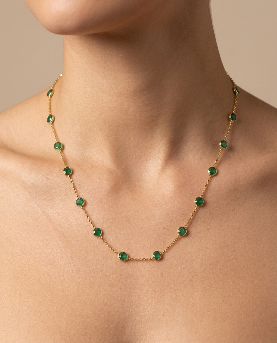 18KT Gold Bezeled Emerald Necklace on model