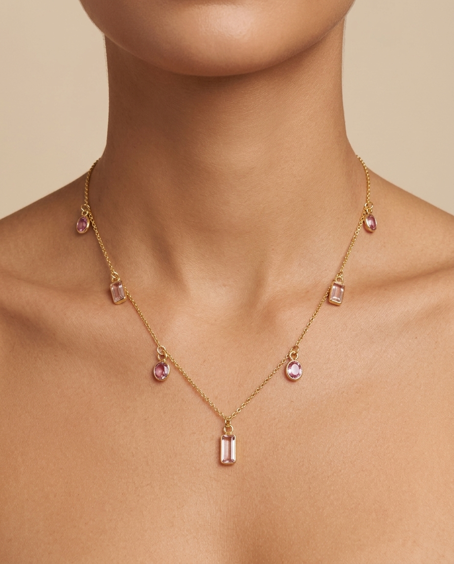 18KT Yellow Gold Bazeled Sapphire with Tourmaline Station Necklace 18" on model