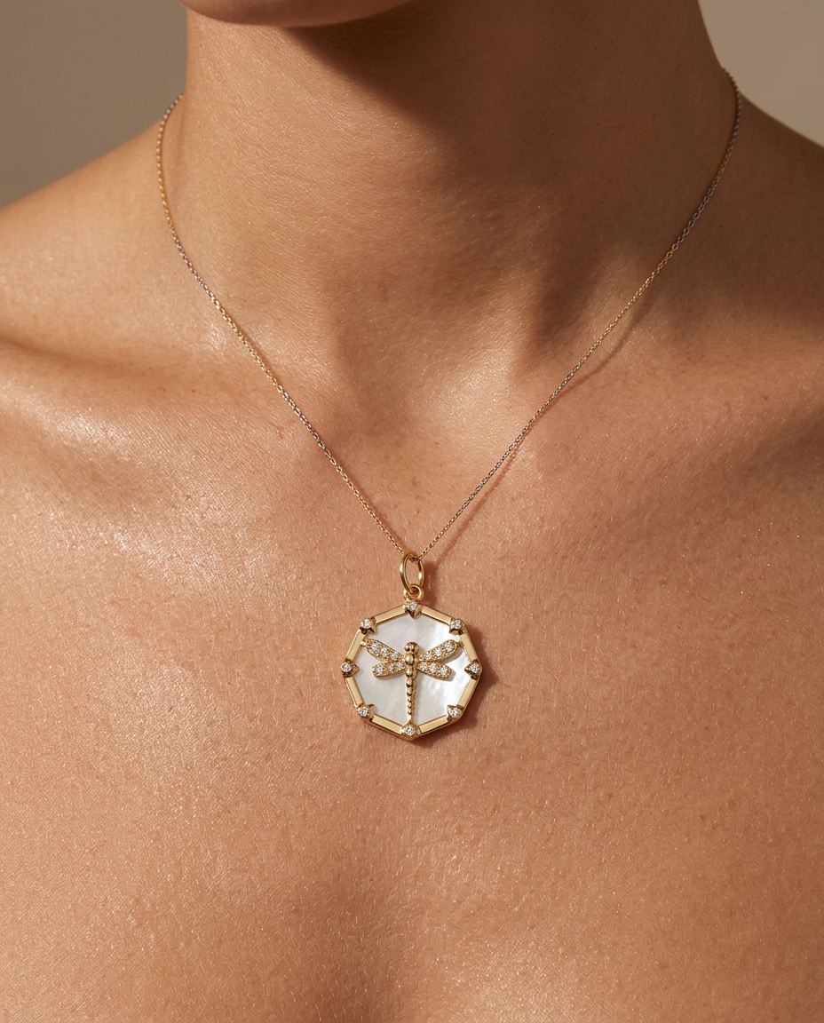 14KT Yellow Gold Mother of Pearl Dragonfly Pendant with Diamonds on model