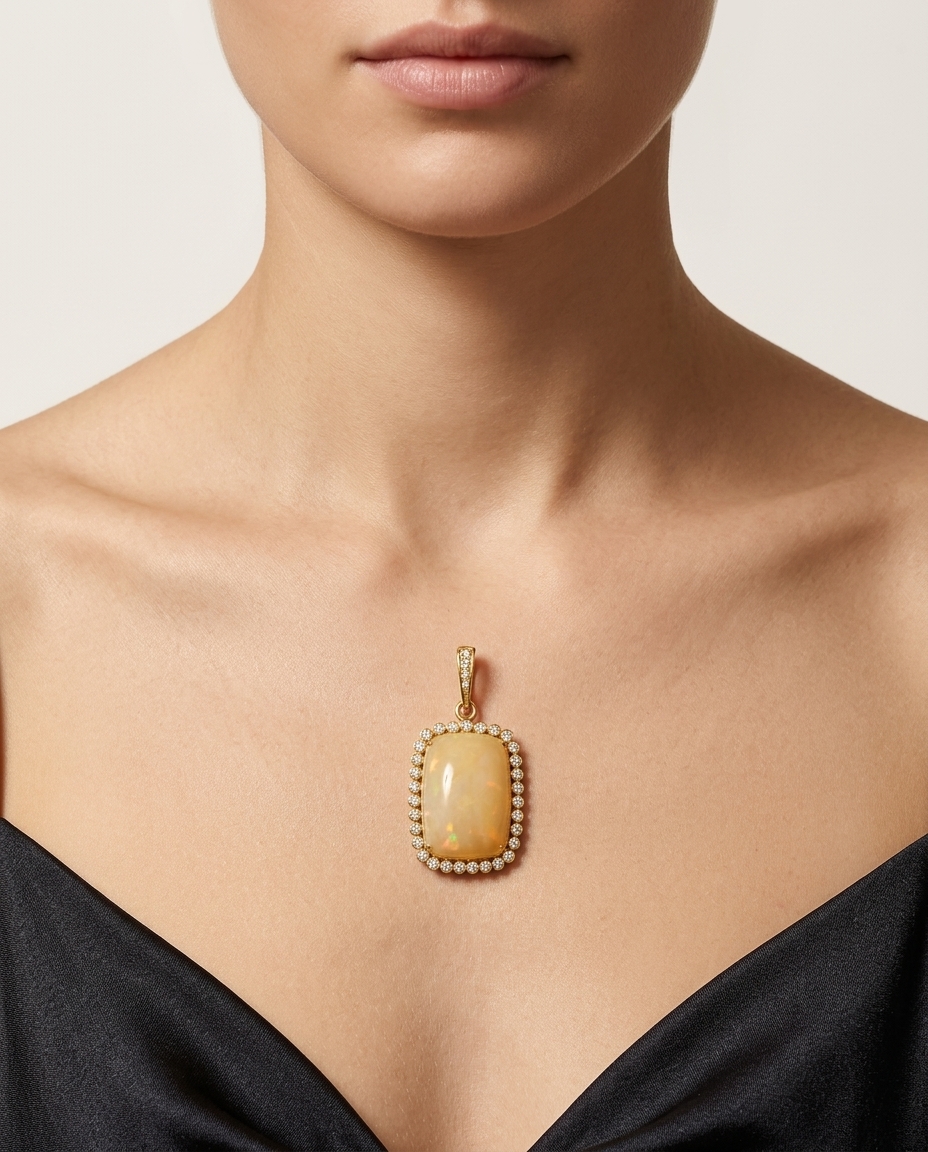 18KT Yellow Gold Opal Pendant with Diamonds on model