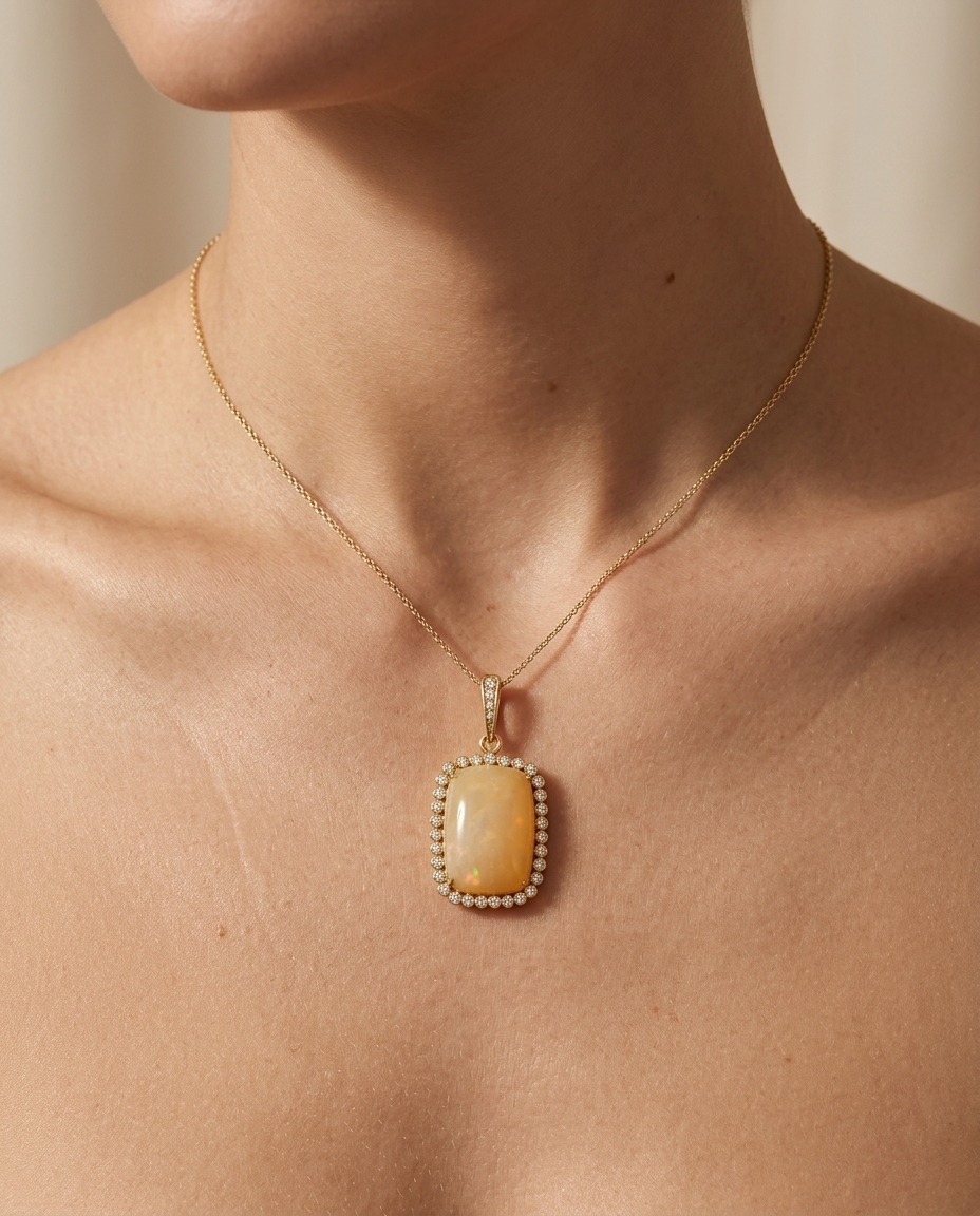 18KT Yellow Gold Opal Pendant with Diamonds on model