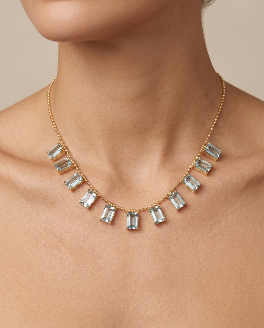 14KT Yellow Gold Aquamarine Dangling Necklace on model