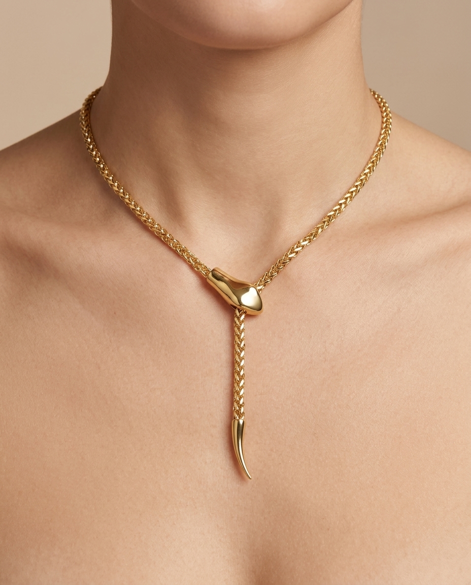14KT Gold Snake Chain Necklace on model