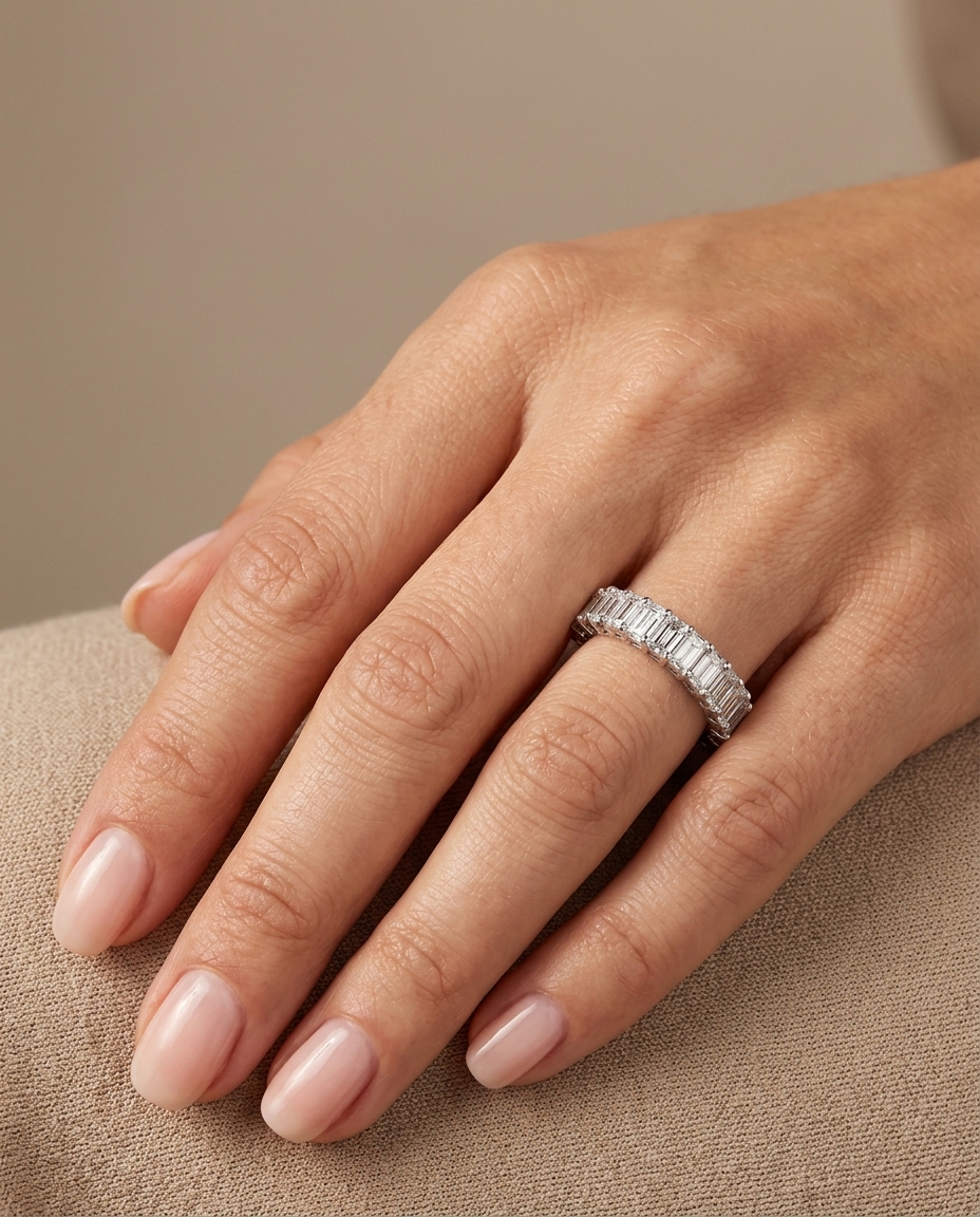 14KT White Gold Half Eternity Baguette Diamond Ring on model