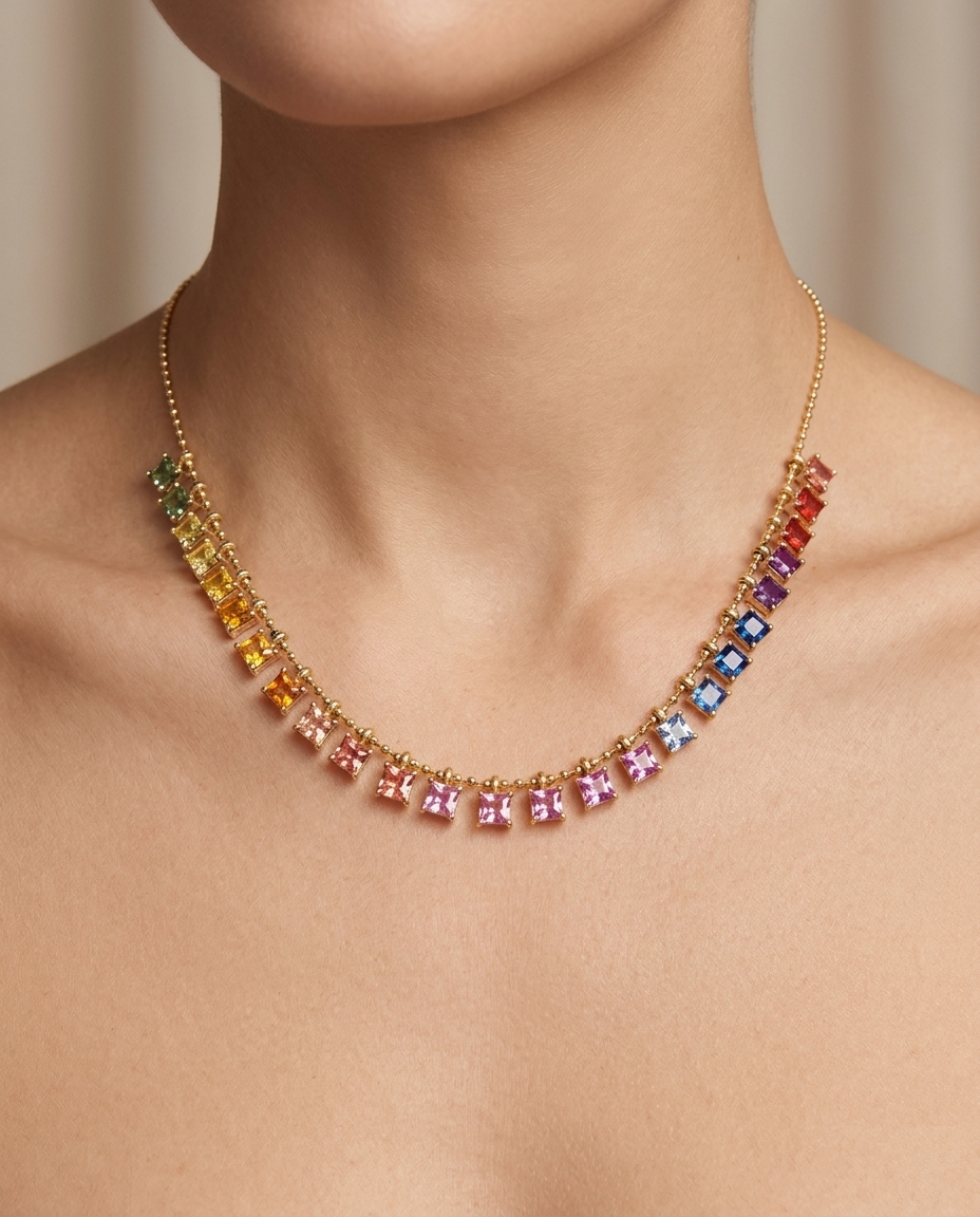14KT Yellow Gold Multi Sapphire Dangling Necklace on model