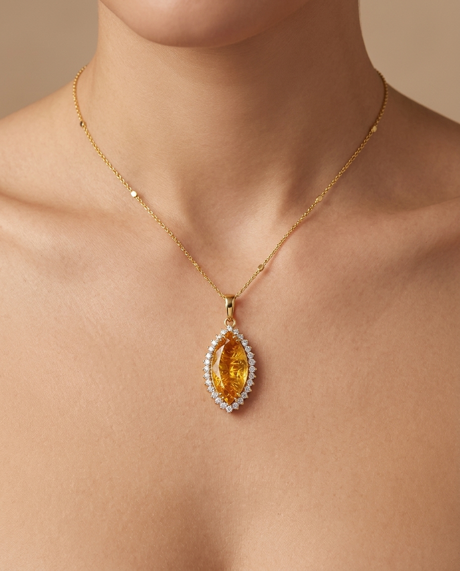 14KT Yellow Gold Citrine and Diamonds Pendant on model