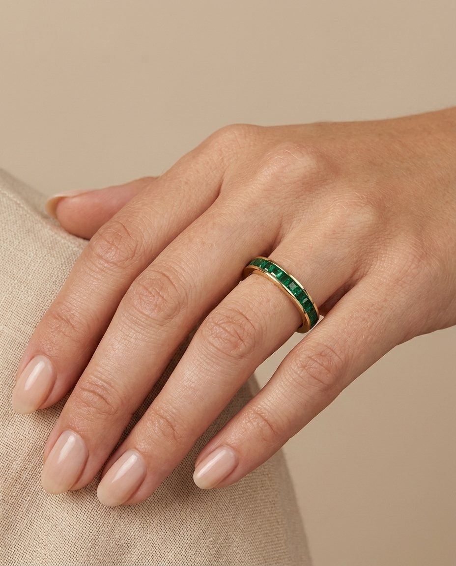 14KT Yellow Gold Emerald Ring on model