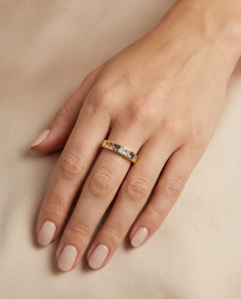 18KT Yellow Gold Multi Sapphire Ring on model