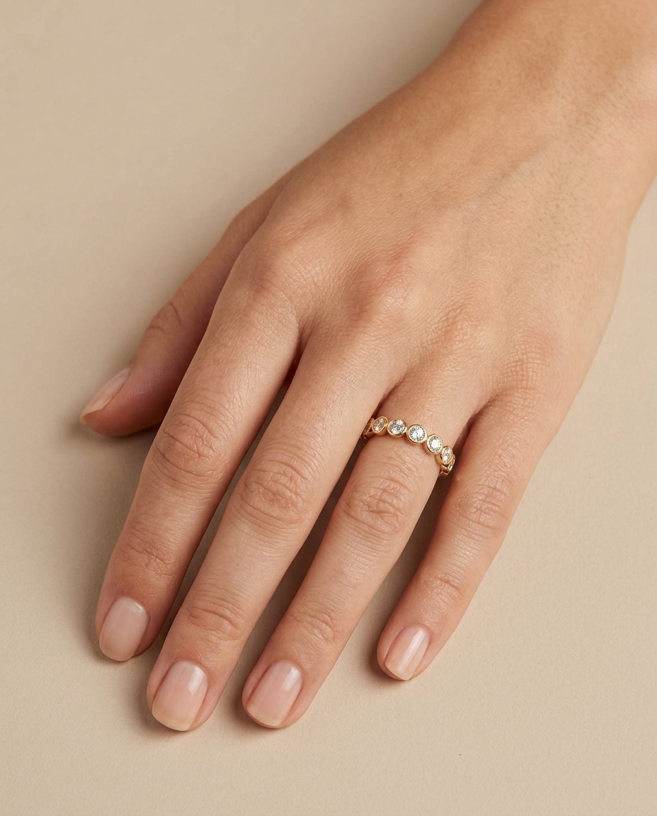 18KT Gold Diamond Bezel Eternity Band on model