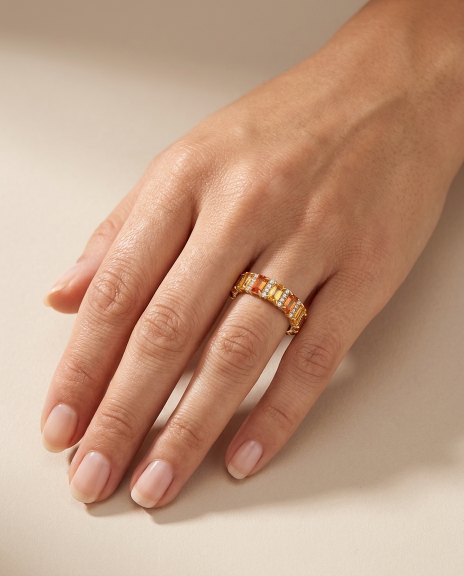 14KT Yellow Gold Orange Sapphire and Diamonds Ring on model