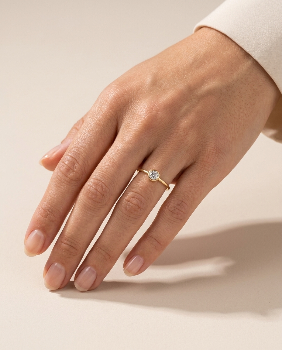 14KT Yellow Gold Diamond Bezel Ring on model
