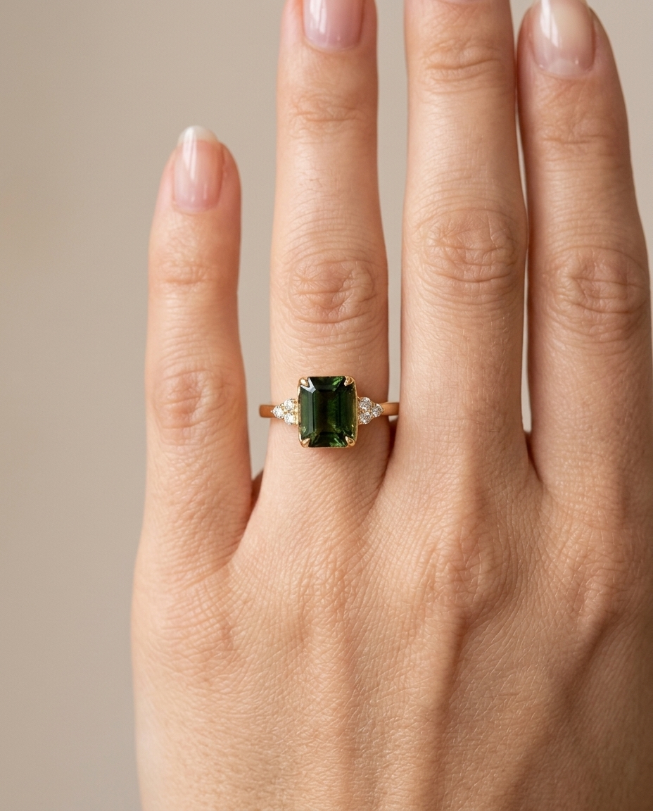 14KT Yellow Gold Green Sapphire and Diamonds Ring on model