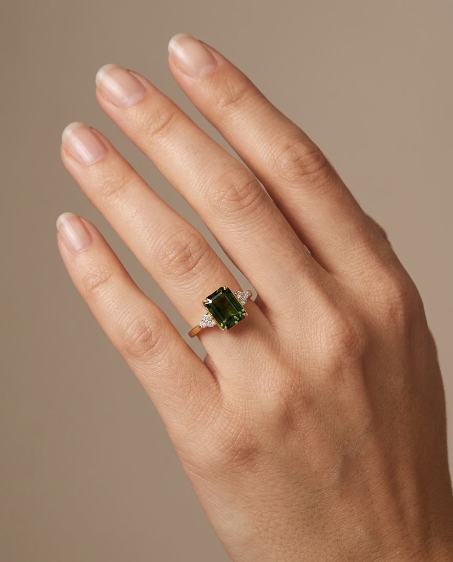 14KT Yellow Gold Green Sapphire and Diamonds Ring on model